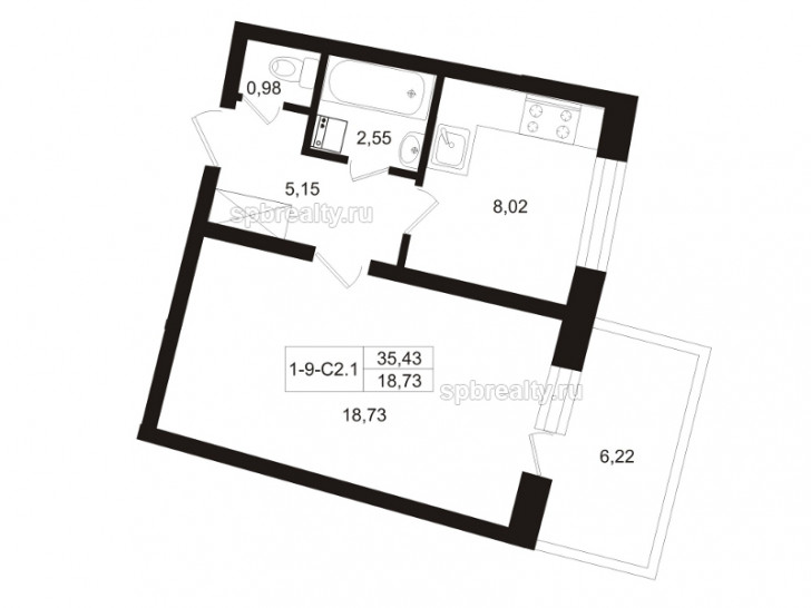 Однокомнатная квартира 38.54 м²